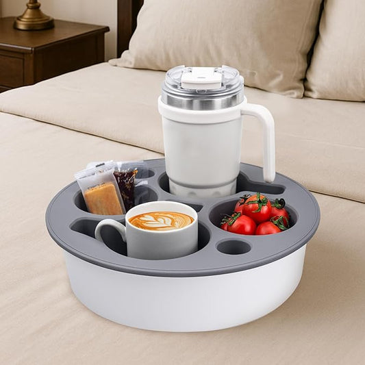 Round 7-in-1 Bed & Couch Cup Holder Tray,Waterproof Silicone Sofa and Bed Organizer Caddy,Large Capacity Couch Drink Holder Caddy for Remote Control Drinks, Snacks, Cell Phones, Headphones-NeatNest