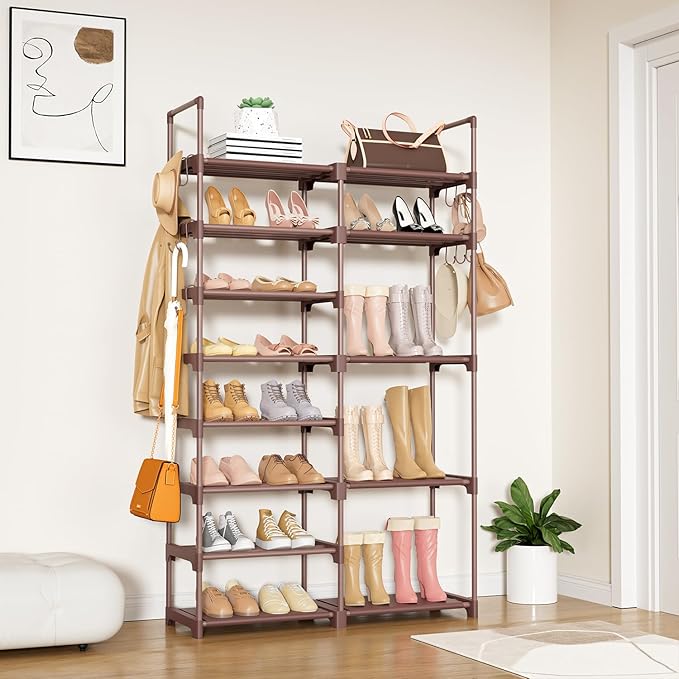 ROJASOP Shoe Rack Organizer, 8-Tier Metal Shoe Rack for Closet Entryway Garage, 26-32 Pairs Tall Shoe Boot Storage Shelf with 15 Hooks, Stackable Large Shoe Stand, Brown-NeatNest