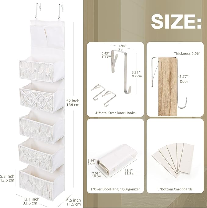 ANTIS'S HOME Over the Door Organizer Macrame Boho Nursery Storage with 5 Large Woven Pockets, Hanging Closet Basket for Bathroom or Nursery, Behind the Door Storage Organizer-NeatNest