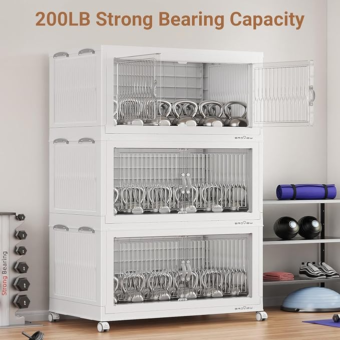 600Qt Extra Large Stackable Storage Bins with Lid, Closet Organizer Collapsible Drawer Boxes with Wheels, Folding Plastic Cabinet Containers for Home Kitchen Room Organization, 3Pack White