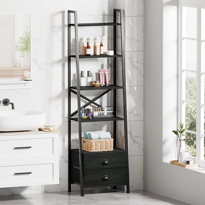 Furologee 5-Tier Ladder Shelf with 2 Drawers,Narrow Bookshelf Storage Shelves,Industrial Bookcase Freestanding Rack Units for Bedroom,Living Room,Bathroom,Home Office,Balcony,Wood Metal, Black Oak