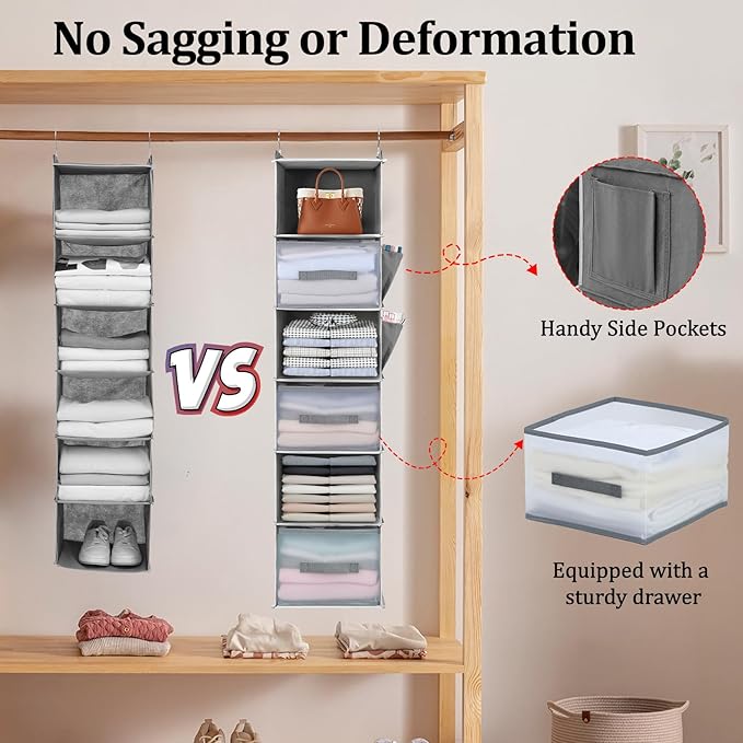 6-Tier Hanging Closet Organizer with 3 Drawers and Side Pockets – Multi-Functional Storage for Shoes, Belts, Purses, and Clothing-NeatNest