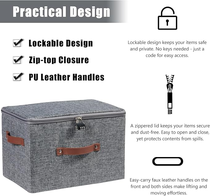 2PCS Storage Bins Boxes with Zipper Lid Combination Lock PU Leather Handles Cotton Linen Fabric Lidded Lockable Baskets Foldable Washable Closet Shelf Organizer Container (Gray, Large)