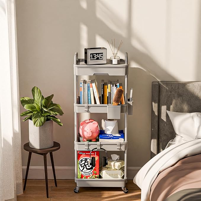 4 Tier Rolling Cart Organizer,Art Craft Diaper Bedside Snack Laundry Room Bathroom Organizer Narrow Thin Slim Rolling Trolley Utility Cart with Wheels for Kitchen,Office(Grey)-NeatNest