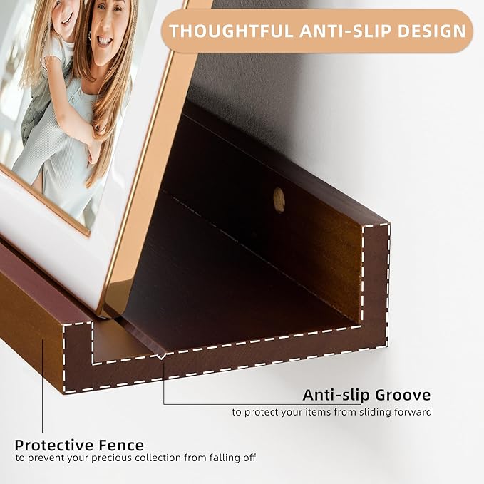 Floating Shelves for Wall, 16 inch Solid Wood Picture Ledge Shelf, Picture Shelf for Wall with Ledge, Floating Book Shelves for Living Room Bedroom Kitchen Nursery Decor, Walnut, Set of 2-NeatNest