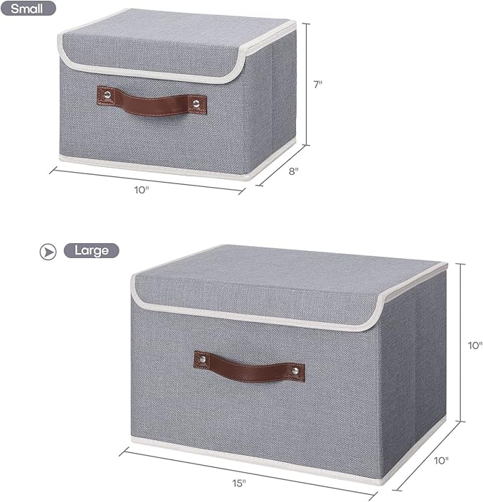 ANMINY Storage Bin with Lid Storage Boxes with PU Leather Handles PP Plastic Board Decorative Foldable Lidded Cotton Linen Fabric Home Cubes Baskets Closet Organizer Container - Gray, Large Size-NeatNest