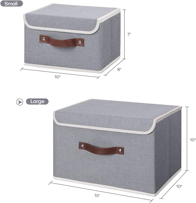 ANMINY 2PCS Storage Bins with Lid PU Leather Handles Storage Boxes PP Plastic Board Decorative Foldable Lidded Cotton Linen Fabric Home Cubes Baskets Closet Organizer Containers - Gray, Large Size-NeatNest