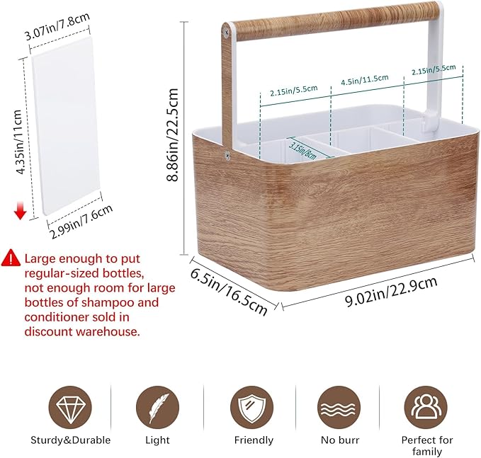 Shower Caddy Portable for College: Devided Bathroom Caddy Shower Basket for Dorm with Handle, Plastic Bathroom Counter Organizer Storage Tote Bin for Dorm,Kitchen,Cabinet, Wood Grain