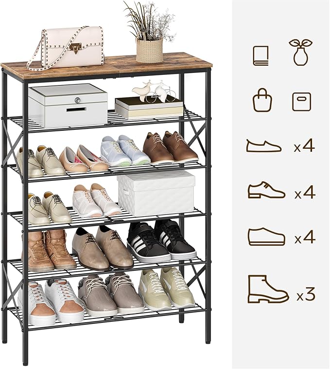 6-Tier Shoe Rack, Shoe Storage Organizer for Closet, Free Standing Shoe Organizer with Metal Mesh Shelves, 24 Pairs of Shoes, Rustic Brown and Black SS06BR-NeatNest