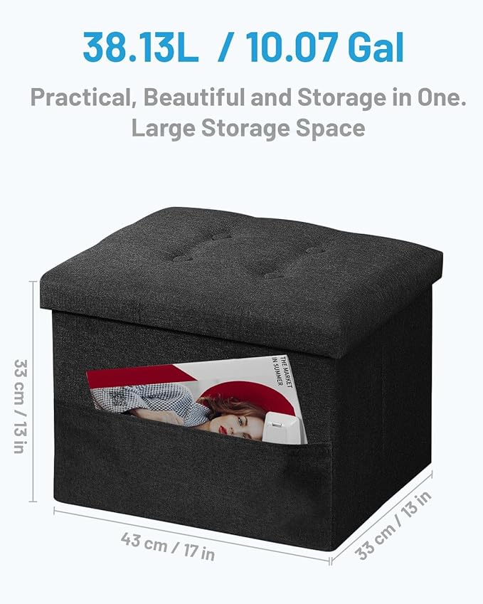 AmasSmile Black Ottoman with Storage,Foot & Leg Rest Stools Small Cute Stool Short Bench Folding Ottomans Square Footstools for Shoe Living Room Under Desk Outdoor RV Camper Each Space Storage