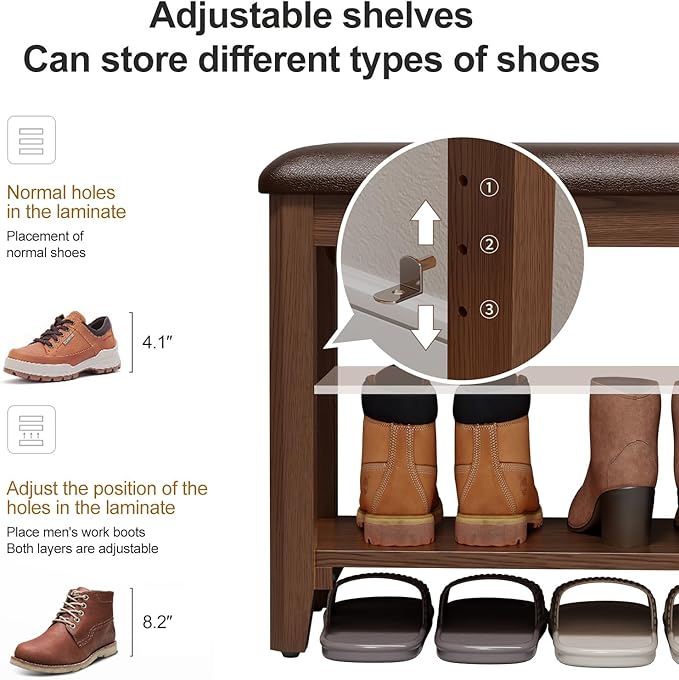 Wood Shoe Rack Bench for Entryway, Shoe Rack for Front Door Entrance with Leather Cushion, 2 Tier Shoe Bench with Shoe Storage for Entryway, Bedroom.-NeatNest