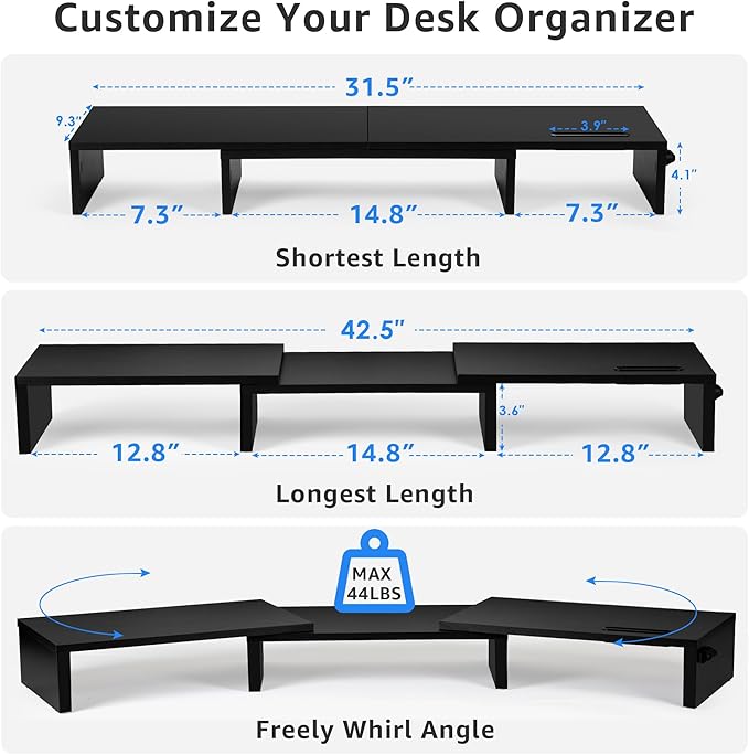 Dual Monitor Stand Riser for 2 Monitors, Monitor Stand for Desk, Adjustable Length & Swivel Angle Wooden Desktop Organizer Stand Riser with Smartphone Holder for PC Monitor Laptop, Black