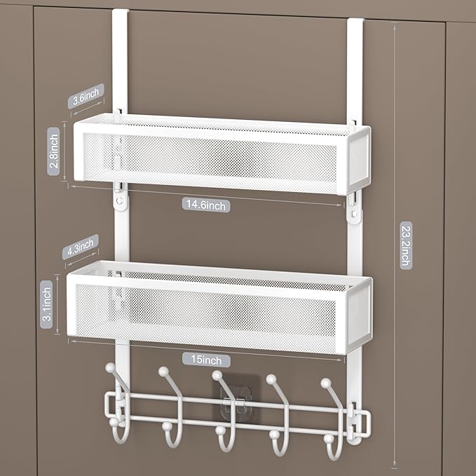 Adjustable Over The Door Hooks Organizer, Door Hanger Coat Rack with 2 Mesh Baskets and 10 Hooks, Back of Door Storage Organizer for Bedroom,Bathroom,Kitchen (White)