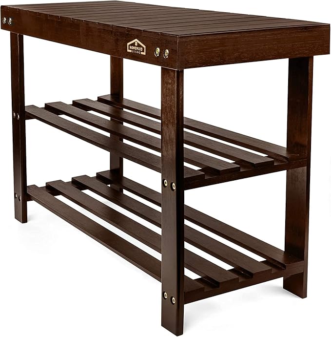 Homemaid Living Bamboo 3 Tier Shoe Rack Bench, Premium Shoe Organizer or Entryway Bench, Perfect for Shoe Cubby, Entry Bench, Bathroom Bench, Entryway Organizer, Hallway or Living Room(Brown)-NeatNest