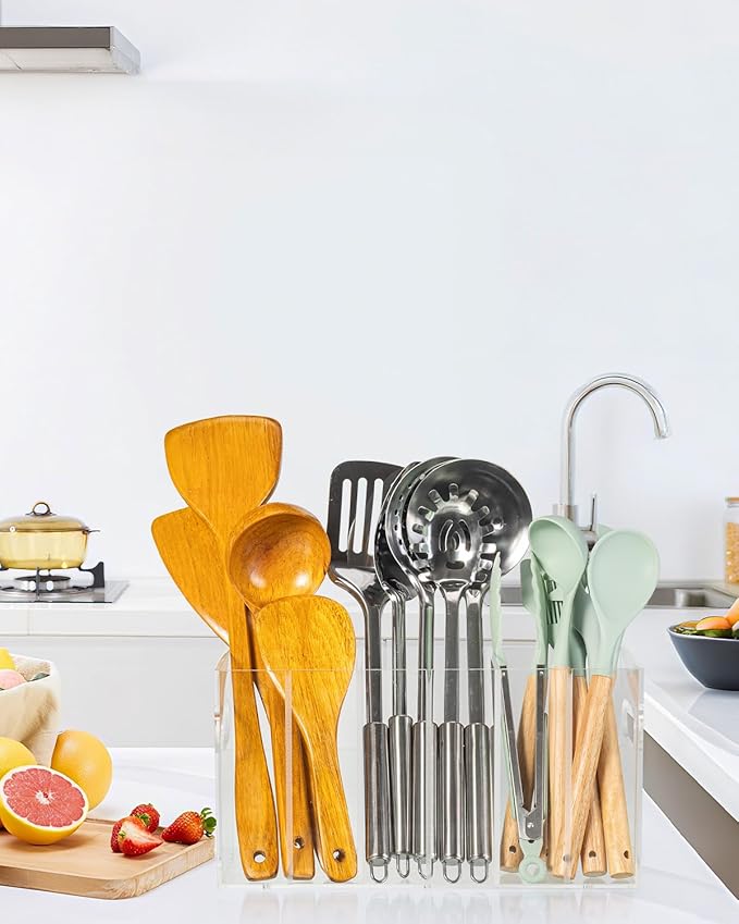 HAYVAN Clear Acrylic Utensil Holder for Kitchen Counter - Space-saving Organizer with 3 Adjustable Dividers - Easy to Use & Clean, Utensil Caddy for Kitchen Storage & Decor