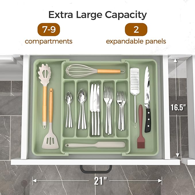 Extra Large Expandable Silverware Organizer, BPA-Free Food-Safe Cutlery Flatware Organizer, Kitchen Utensil Drawer Organizer, Adjustable Silverware Holder for Spoons Forks Knives, Green-NeatNest