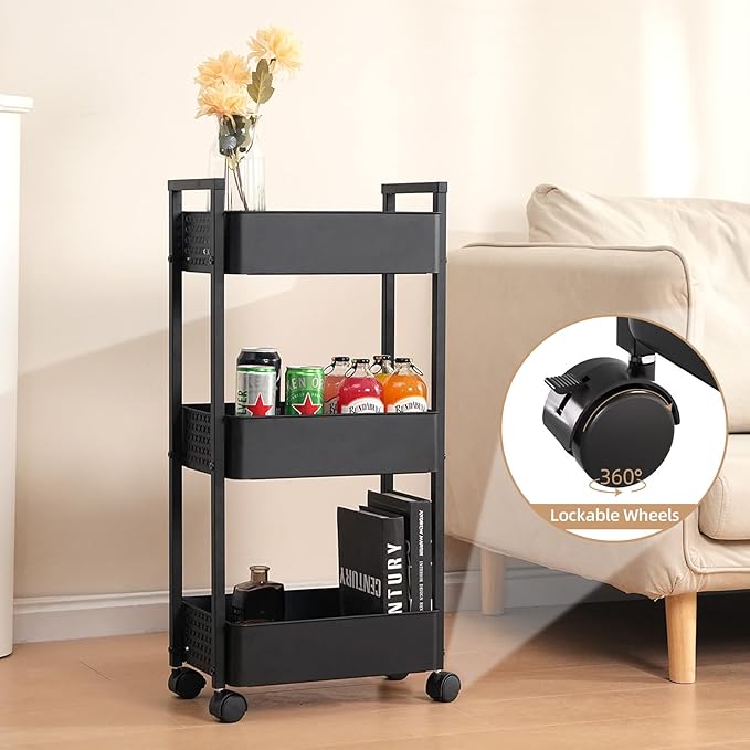 CHPHI 3 Tier Rolling Utility Cart Organizer, Stable and Sturdy Black Rolling Storage Carts with 2 Lockable Wheels,Perfect for Bathroom, Kitchen, Snack, Craft, Makeup, Baby Essentials