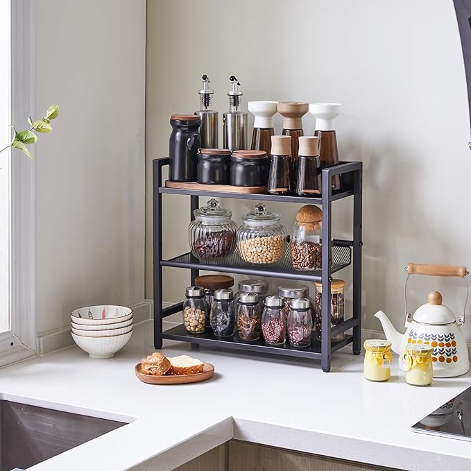 IBUYKE 3-Tier Spice Rack Industrial Counter Shelf Desktop Storage Organizer Standing Seasoning Rack for Countertop Kitchen Office Living Room Desktop Black UTLJ021B-NeatNest