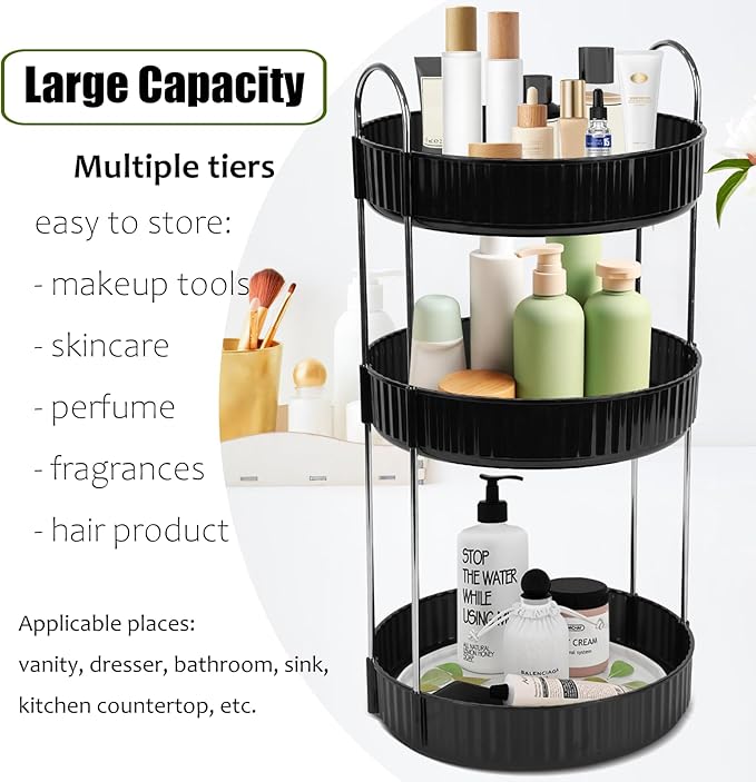 Rotating Makeup Organizer Countertop 3 Tier Lazy Susan Trays Spinning Skincare Perfume Storage for Bathroom Counter Vanity, Black-NeatNest