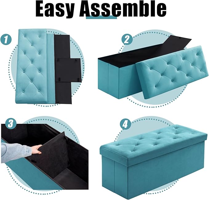 BRIAN & DANY 43 Inches Folding Storage Ottoman Bench, Velvet Ottoman with Storage for Living Room, Long Shoes Bench,Flannelette Footrest Benches Seat (Teal)-NeatNest