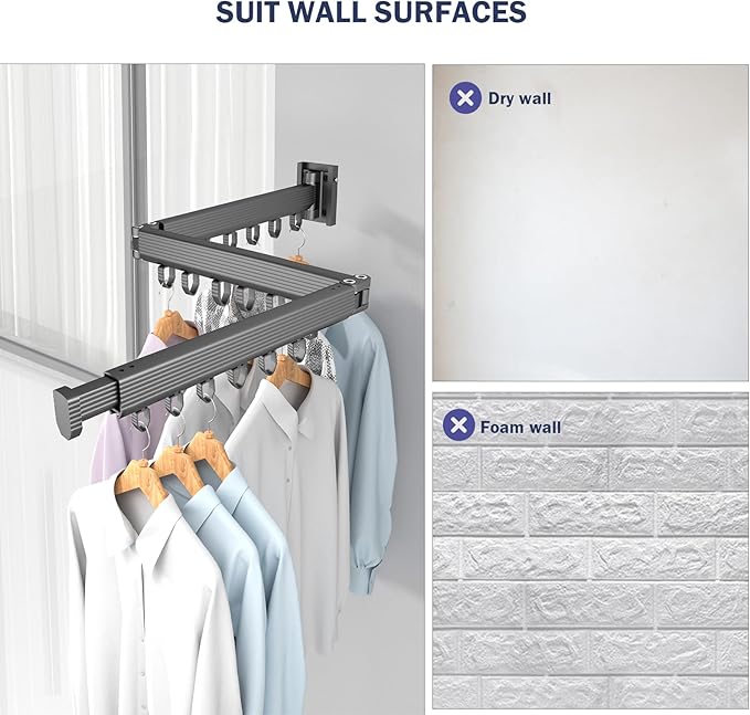 Clothes Drying Rack, Wall Mounted Clothes Hanger Rack Collapsible(Tri-Fold), Space Saver Clothes Rack for Laundry Balcony Mudroom Bedroom,Grey
