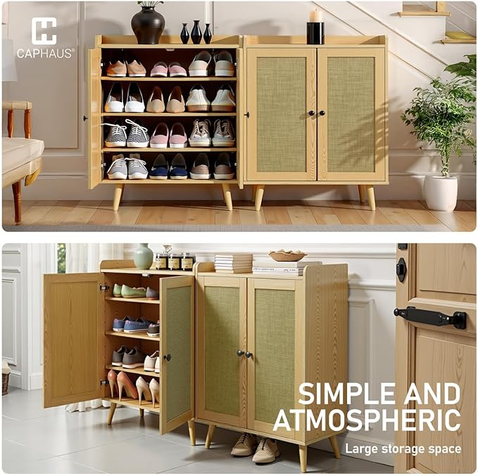 CAPHAUS 5 Tier Shoe Cabinet for Entryway, Modern Entryway Shoes Organizer w/Rattan Doors & Wooden Legs, Adjustable Shelves, Hidden Shoe Rack, Natural Oak