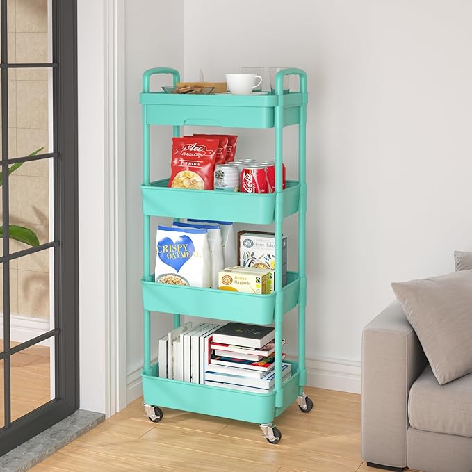 Calmootey 4-Tier Rolling Utility Cart with Drawer,Multifunctional Storage Organizer with Plastic Shelf & Metal Wheel,Storage Cart for Kitchen,Bathroom,Living Room,Office,Green-NeatNest