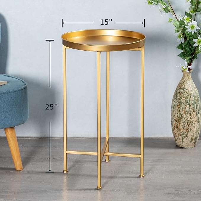 HollyHOME Small Round Metal Waterproof End Table, Accent Indoor&Outdoor Side Table, Sofa Table for Living Room, Anti-Rust Decorative Plant Stand, (D) 14.5" x (H) 25", Golden-NeatNest