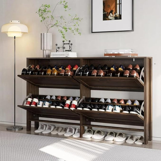 Shoe Cabinet with 4 Flip Drawers, Narrow Shoe Storage Cabinet, Freestanding Shoe Cabinet Organizer, Hidden Shoe Rack Cabinet for Entryway, Hallway (4-Drawers, Brown/4-drawers)-NeatNest