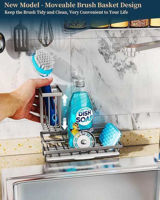 Consumest Sponge Holder for Kitchen Sink, Sink Caddy Organizer with Removable Drip Tray, Countertop Dish Soap Holder and Brush Holder, 304 Stainless Steel - Sand Nickel-NeatNest