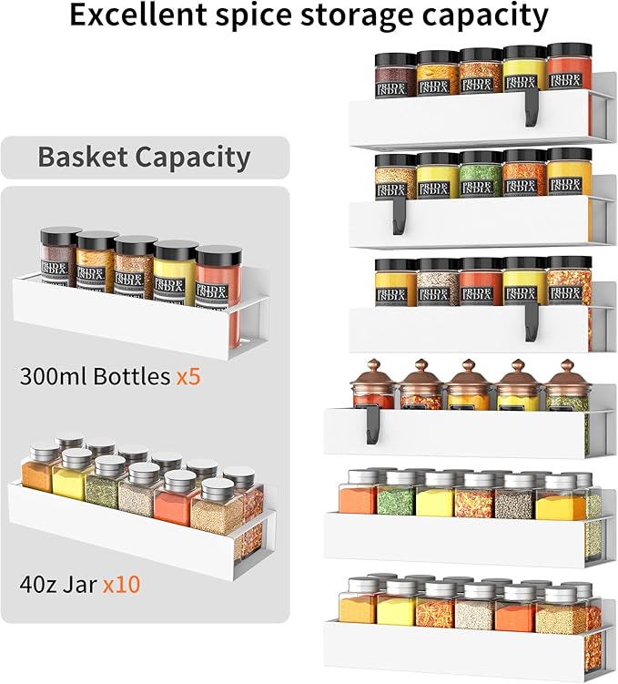6-Piece Extra-Large Capacity Magnetic Spice Rack for Refrigerator, White