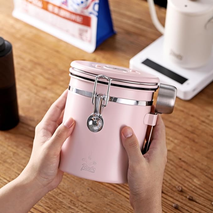 Bincoo Premium Pink Coffee Canister, 1500ml/18oz Large Airtight Stainless Steel Coffee Bean Storage Container with Date Tracker & Scoop (1500ML)-NeatNest