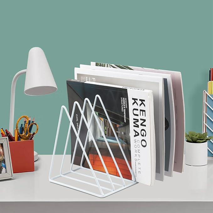 COSYAWN Triangle 7 Slot Vinyl Record Holder, Anti-Rust Metal Magazine Album Display Rack Desktop File Sorter Organizer, Paper Letter Newspaper Storage for Home Office, White 2 PACK