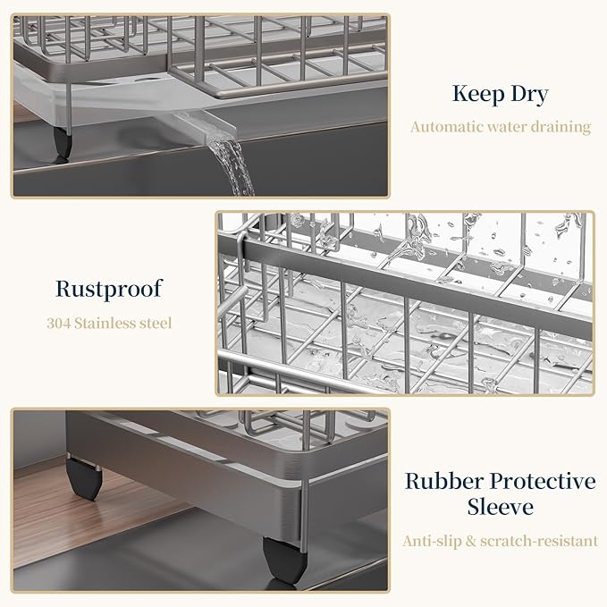 Consuemst Sponge Holder for Kitchen Sink - Auto Draining Sink Caddy Organizer with Detachable Rack, High Brush Holder, Kitchen Countertop Storage Accessories, Silver-NeatNest