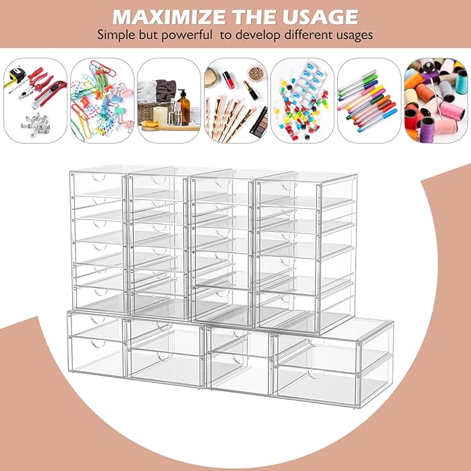 2 Pack Desk Organizers, Makeup Organizer Storage With 7 Drawers, Desktop Office Supplies, Clear Desk Accessories, Dustproof Drawer Organizer and Storage for Make Up, Jewelry, Pen, Desktop Stationary