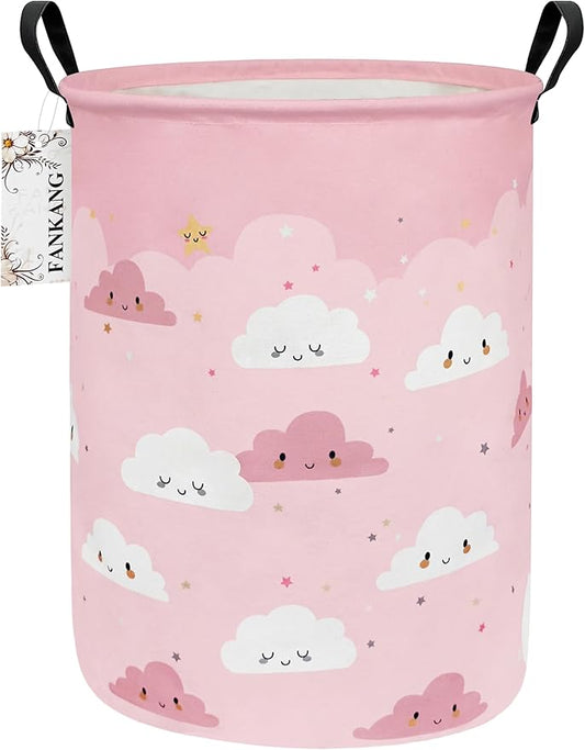 FANKANG Storage Basket, Nursery Hamper Canvas Laundry Basket Foldable with Waterproof PE Coating Large Storage Baskets for Kids Boys and Girls, Office, Bedroom, Clothes,Toys(pink cloud)