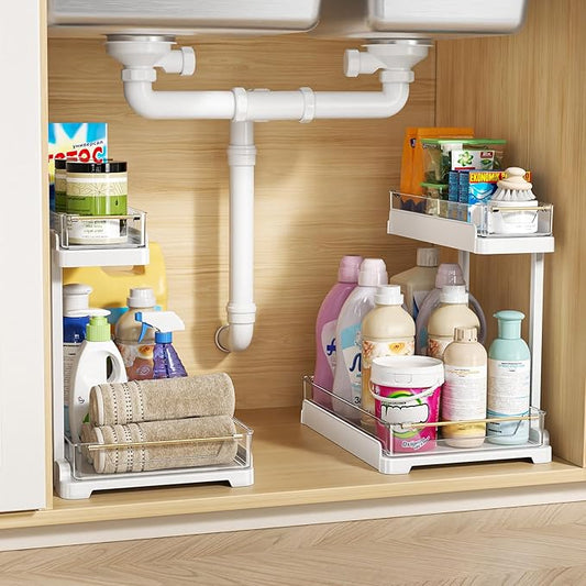 heart & home 2-Pack Under Sink Storage Organizer for Kitchen & Bathroom Cabinets with Removable Washable Tray, Tool-Free Assembly – Multi-Purpose for Countertop, Laundry & Vanity, White-NeatNest