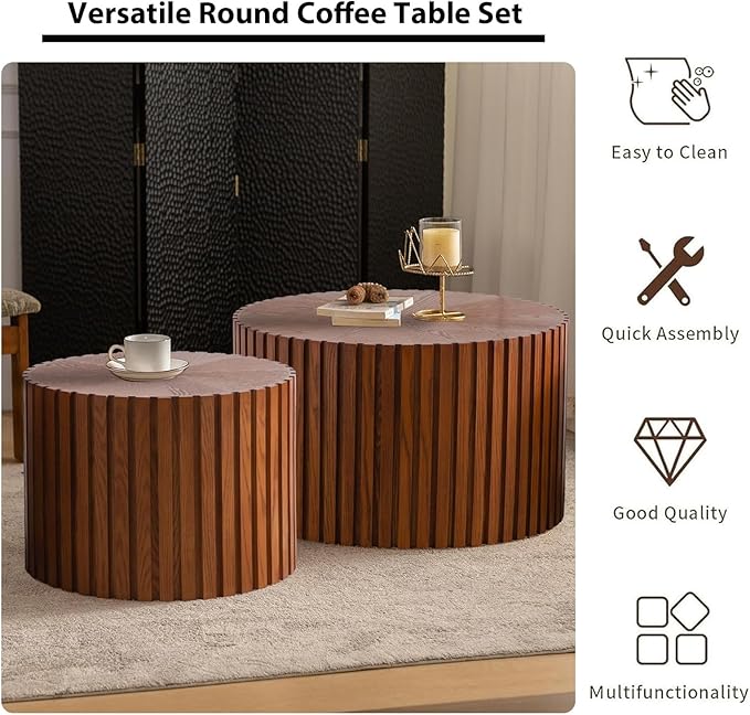 Round Nesting Coffee Table Set of 2 Circle Nested Coffee Tables Modern Fluted Coffee Table Set of 2 Wooden Drum End Side Tables for Living Room Bedroom Small Spaces (Brown Small)