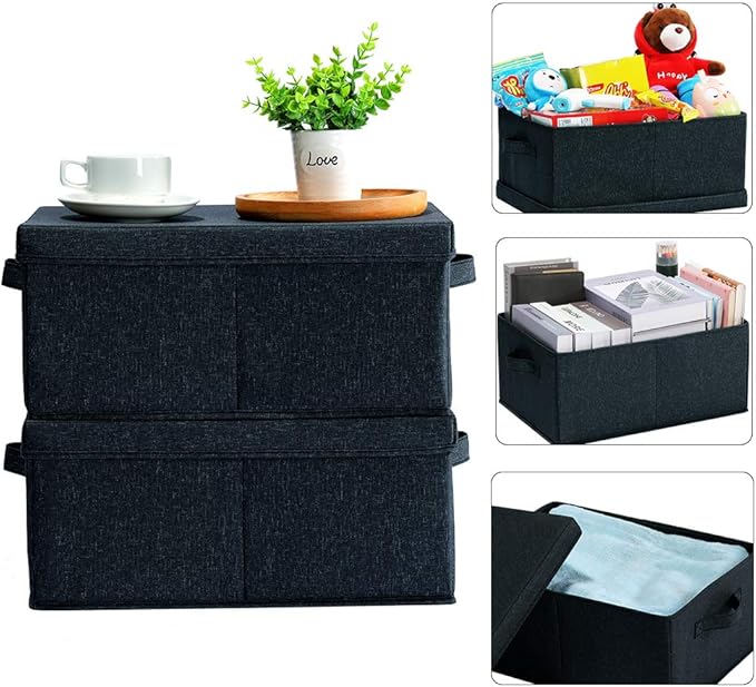 HOONEX Linen Foldable Storage Bins with Lids, 2 Pack, Storage Boxes with Carrying Handles and Sturdy Heavy Cardboard, 16.5" L x 11.8" W x 7.5" H for Shoes, Books, Clothes, Nursery, Dark Grey-NeatNest