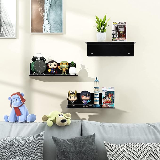 9 Inch Acrylic Floating Shelf No Drill Adhesive Wall Shelf Set of 2 for Funko Pop Storage, Floating Shelves Damage-Free Expand Wall Space for Living Room, Bathroom, Gaming Room, Office - Black
