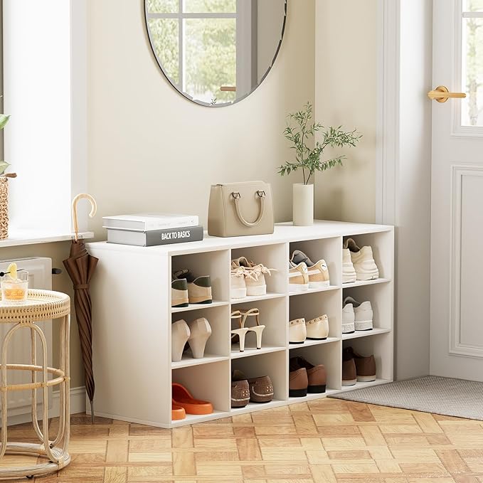 12-Cubby Shoe Rack, 3-Tier Wood Shoe Organizer, Multifunctional Shoe Organizer Bench for Entryway, Mudroom, Hallway, Closet,36.22 * 11.81 * 17.72 Inch,White-NeatNest