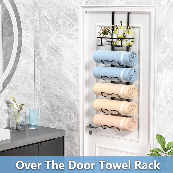 6-Tier Over The Door Towel Rack,Towel Racks for Bathroom, Metal Towel Holder with Storage Basket,Towel Storage for Small Bathroom,Towel Rack for Rolled Towels,Black, TM-6B