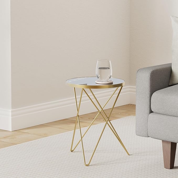 HLR Modern Round Side Table Set of 2, End Table with Marble Effect Top and Gold Metal Frame, Small Side Table for Living Room, Bedroom, Sofa and Couch, Gold Legs, Black Marble top