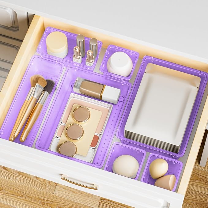 15 PCS Clear Plastic Drawer Organizer Set, 4-Size Acrylic Drawer Storage Trays, Storage Bins for Makeup, Gadgets, and Jewelry in Bathroom, Bedroom and Office, Clear Purple-NeatNest