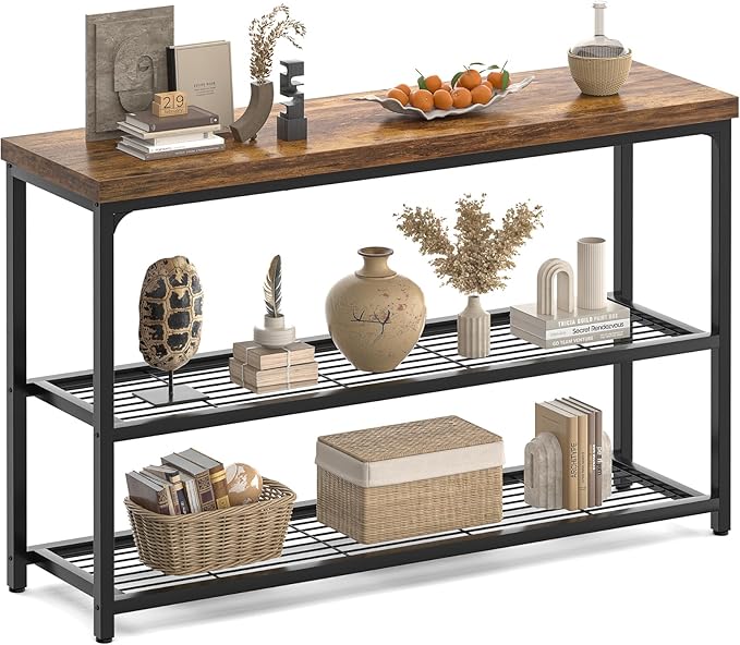 47" Console Table, 3-Tier Entryway Table, Sofa Table with Mesh Shelves, Console Tables for Living Room, Bedroom, Hallway, Entryway, Foyer, Rustic Brown-NeatNest