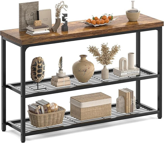 47" Console Table, 3-Tier Entryway Table, Sofa Table with Mesh Shelves, Console Tables for Living Room, Bedroom, Hallway, Entryway, Foyer, Rustic Brown-NeatNest