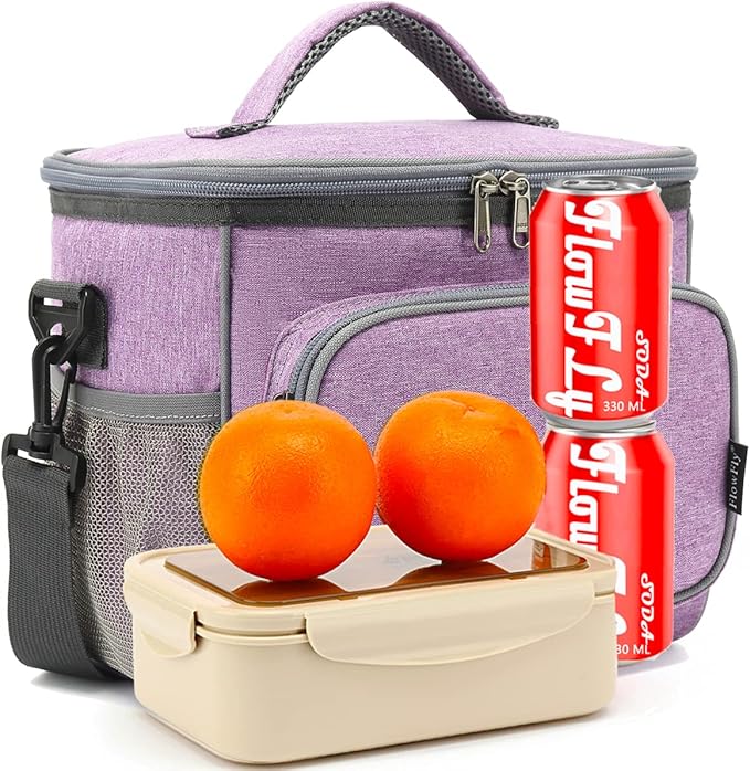 FlowFly Insulated Reusable Lunch Bag Adult Large Lunch Box for Women and Men with Adjustable Shoulder Strap,Front Zipper Pocket and Dual Large Mesh Side Pockets,Purple-NeatNest