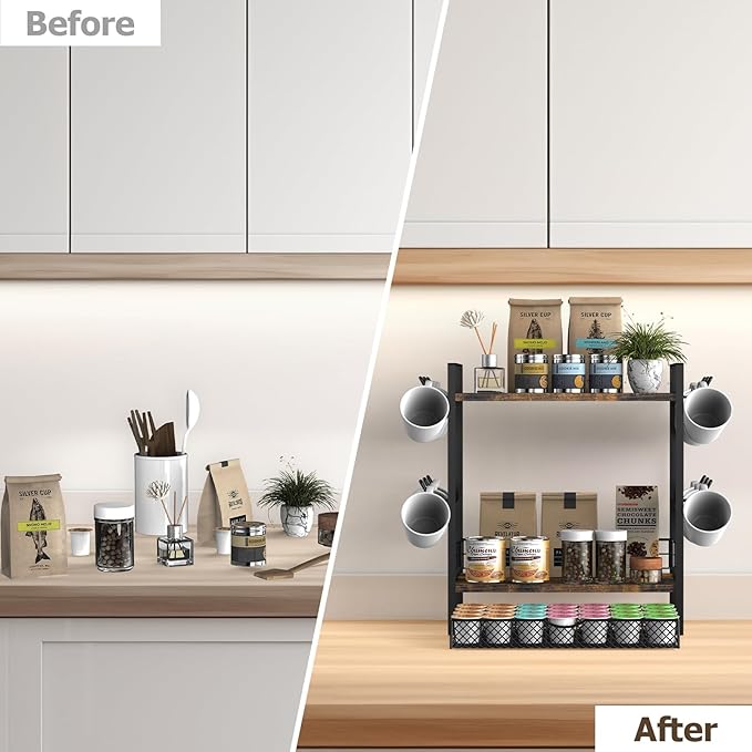 Coffee Station Organizer, 3 Tier Bar Organizer for Countertop, Mug Cup Holder Stand With 12 Hooks and 28 K Cup Storage for Kitchen, Home & Office, Rustic Brown-NeatNest