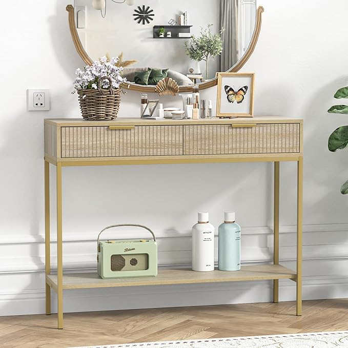 Anmytek Console Table with Storage, Wood Entryway Table with 2 Drawers, Narrow Long Sofa Table Hallway Foyer Table with Storage Shelves Behind Couch Table for Living Room, H0117-NeatNest