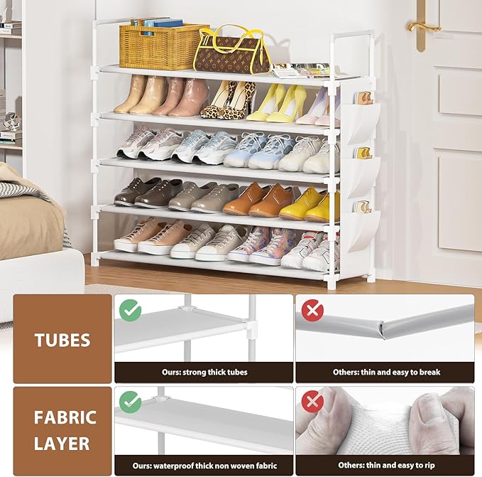 5 Tier Shoe Organizer, 33.3in Wide x 11.2in Deep x 35.6in Tall, Black Metal and Plastic Shoe Rack with Side Bag, Holds 20-25 Pairs of Shoes-NeatNest
